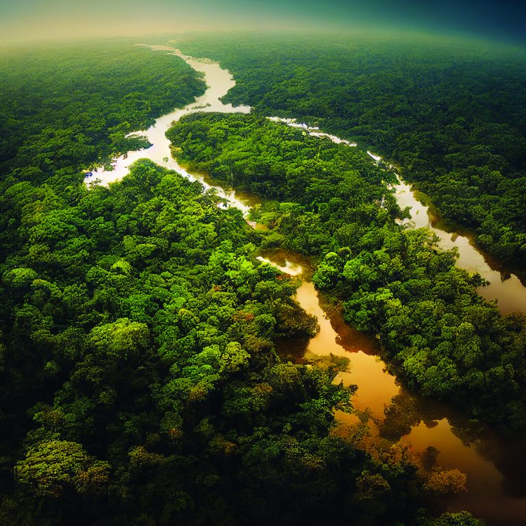 Aerial view of green forest and yellow river in the rainforest, summer time nature landscape, above view on tropical jungle