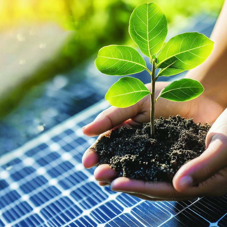 a small green plant being held gently in cupped hands, symbolizing environmental care and sustainability. In the background, there are solar panels and icons related to renewable energy.